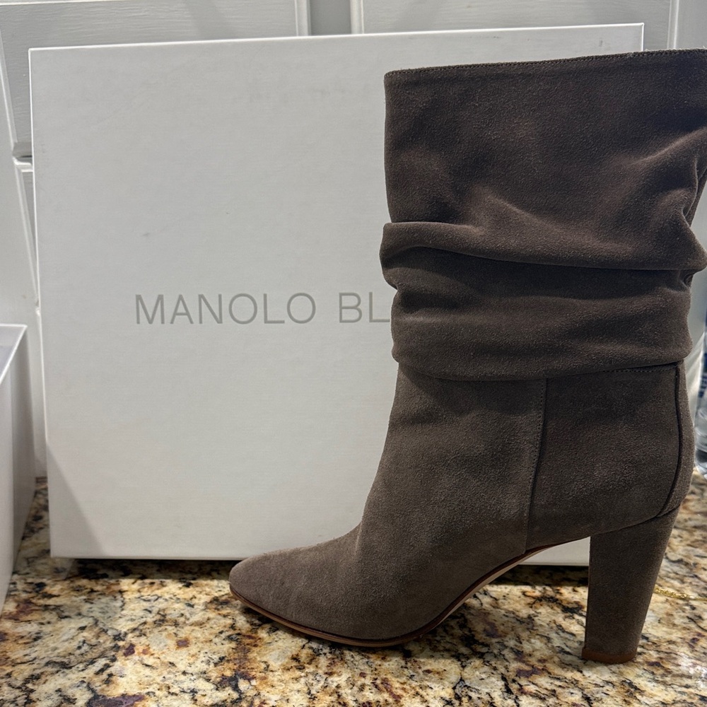 Manolo Blahnik Taupe Suede Heeled Boots
